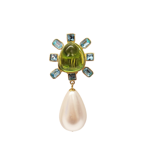 Kenneth Jay Lane Aqua And Peridot Pearl Drop Clip-On Earrings
