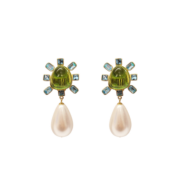 kenneth jay lane Aqua and Peridot Pearl Drop Clip-On Earrings