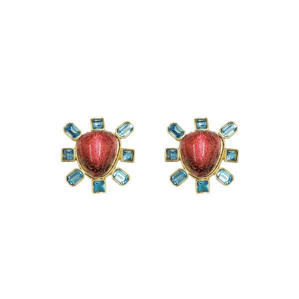 kenneth jay lane Aqua and Rose Cabochon Center Clip Earring
