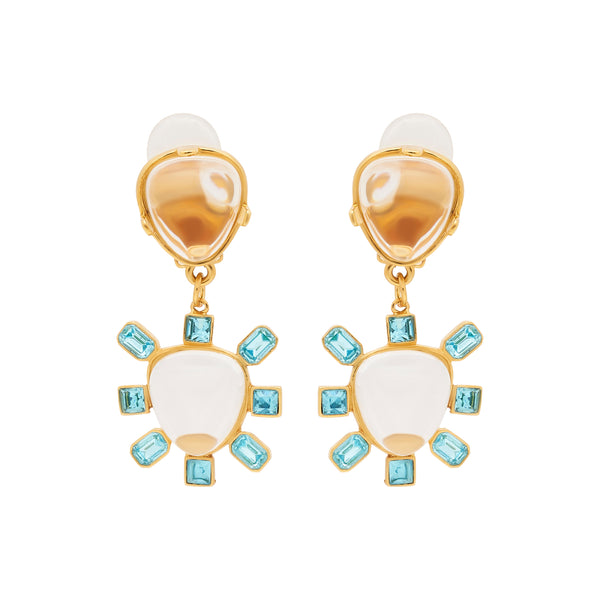 kenneth jay lane Aqua & Clear Center Drop Clip Earrings