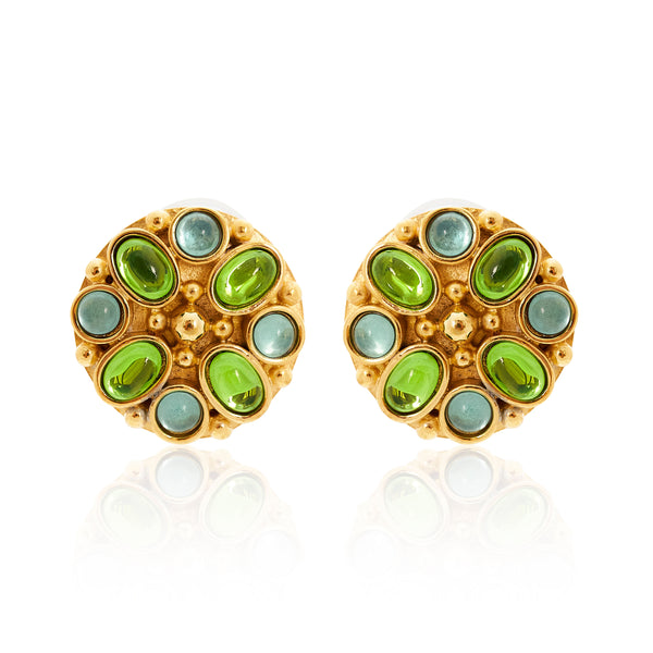 kenneth jay lane Aqua & Peridot Gold Button Clip Earrings