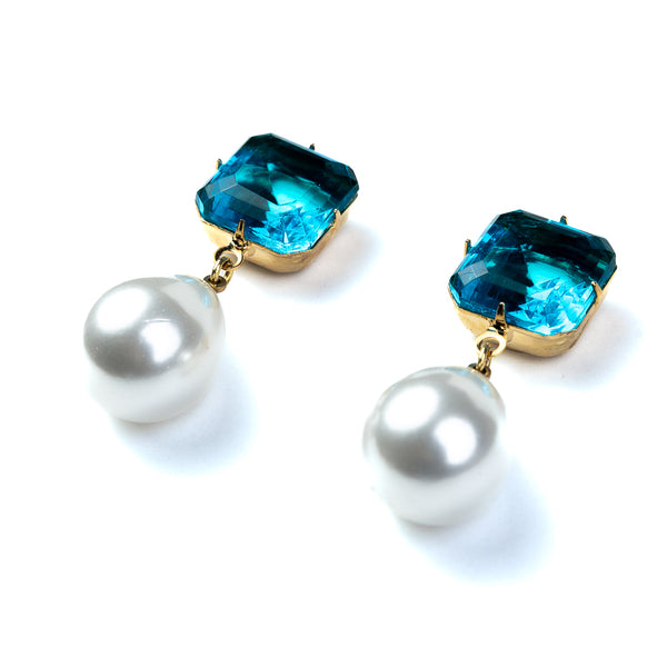 Kenneth Jay Lane Aqua Stone Pearl Drop Pierced Earrings