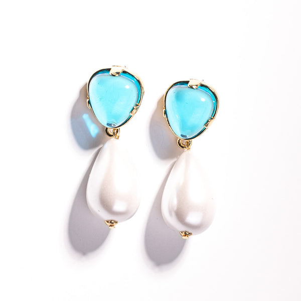 kenneth jay lane Aqua Top and Pearl Drop Pierced Earring
