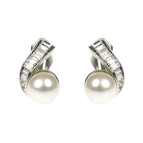 kenneth jay lane Barbara Bush Pearl and Crystal Swirl Clip-On Earrings