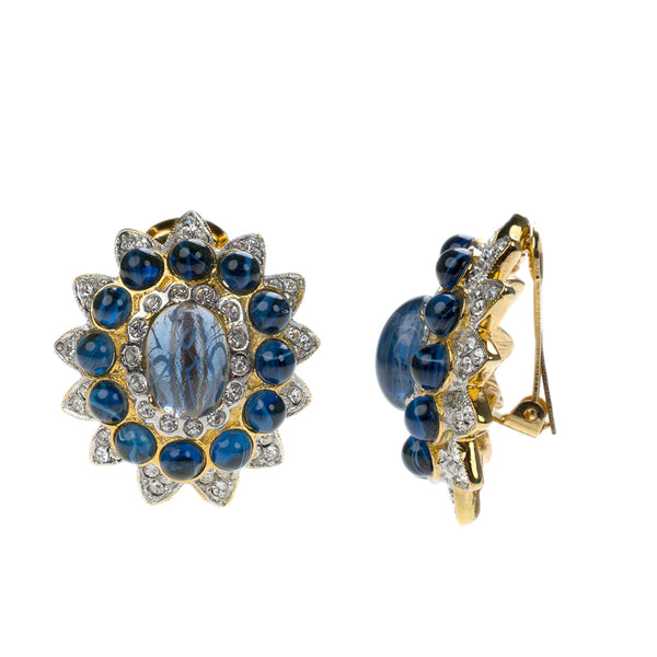 Kenneth Jay Lane Barbara Bush Sapphire Cabochon Clip Earrings