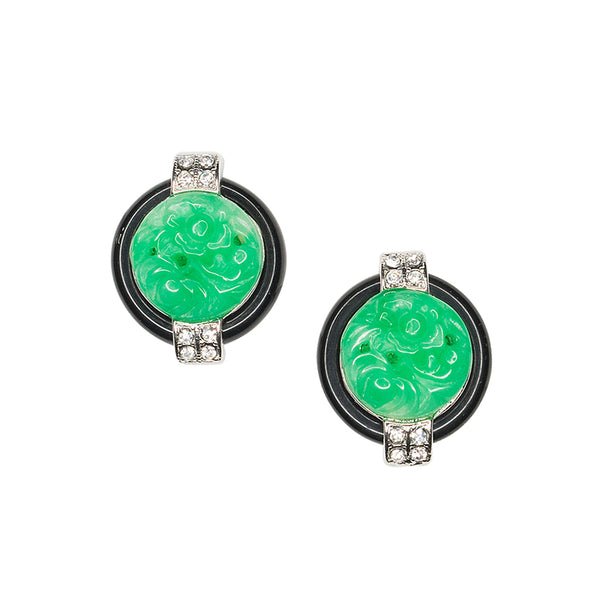 kenneth jay lane Black And Jade Art Deco Clip Earrings