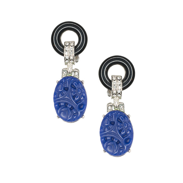kenneth jay lane Black And Lapis Art Deco Pierced or Clip Earrings