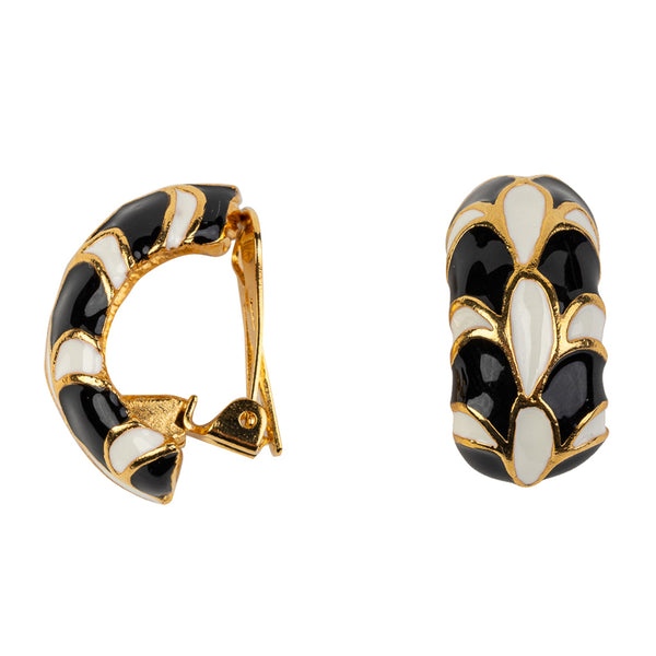 Kenneth Jay Lane Black And White Enamel Small Hoop Clip Earrings