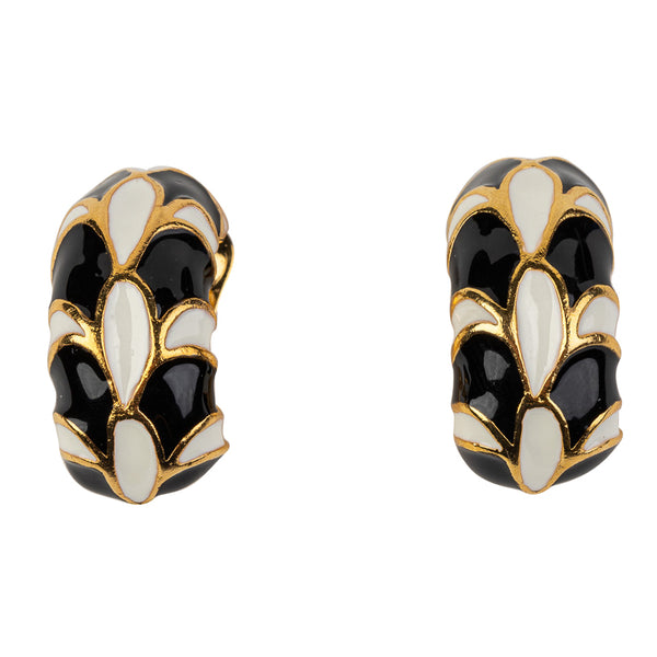 kenneth jay lane Black and White Enamel Small Hoop Clip Earrings