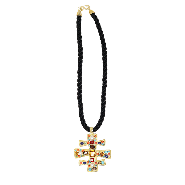 kenneth jay lane Black Cord Satin Gold Multi Gem Pendant
