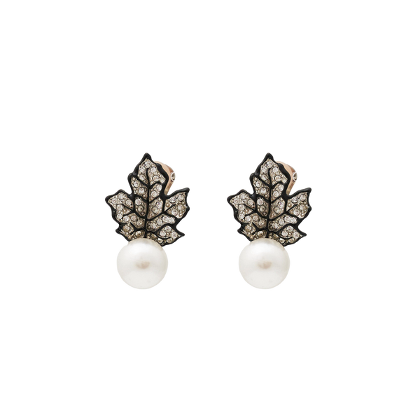 kenneth jay lane Black Crystal and Pearl Leaf Clip Earring