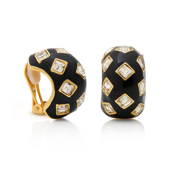 kenneth jay lane Black & Crystal Huggie Hoop Clip-On Earrings
