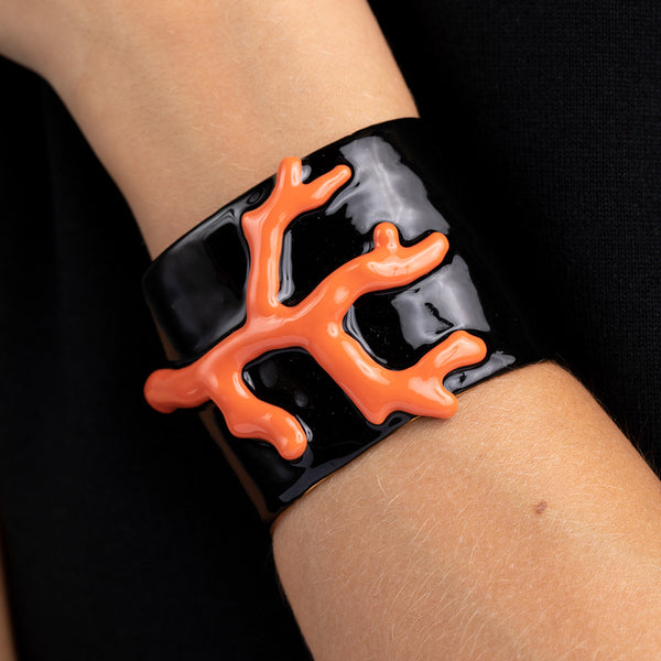 Kenneth Jay Lane Black Enamel And Coral Branch Cuff Bracelet