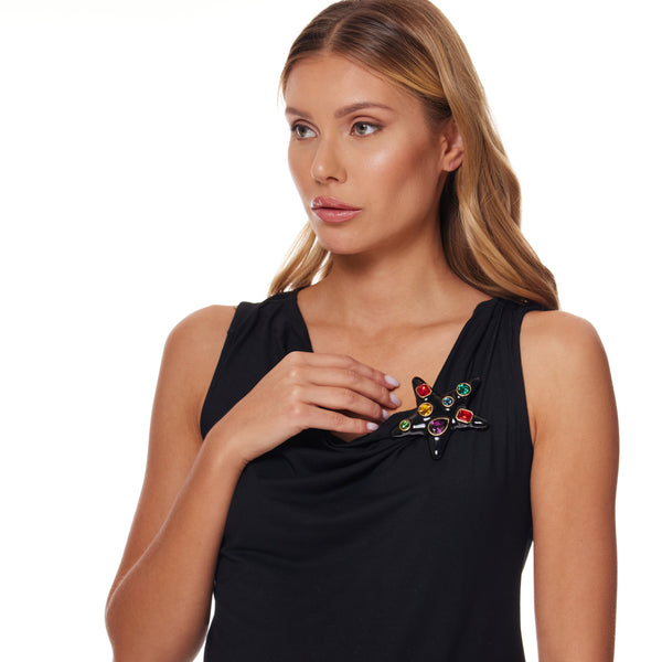 Kenneth Jay Lane Black Enamel Dark Multi-Gems Crystals Star Pin