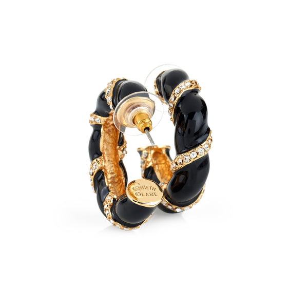 Kenneth Jay Lane Black Enamel Rhinestone Hoop Earrings
