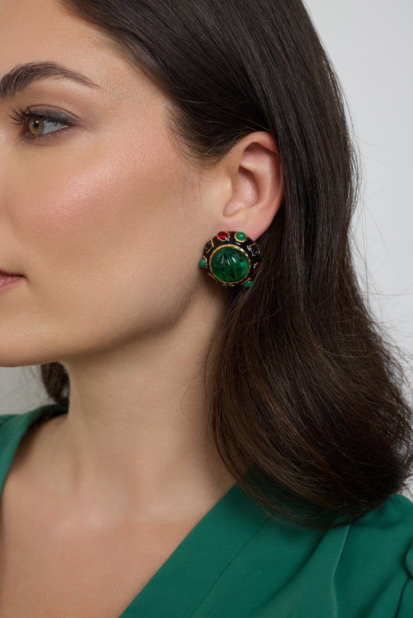 Kenneth Jay Lane Black Gemstone & Emerald Button Earrings