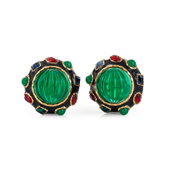 kenneth jay lane Black Gemstone & Emerald Button Earrings