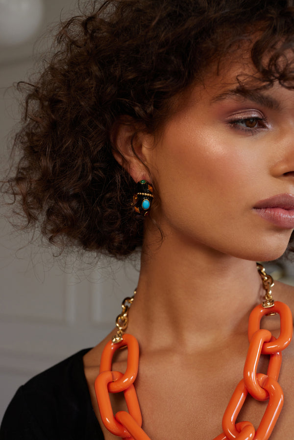 Kenneth Jay Lane Black & Multicolored Gemstone Hoop Clip Earrings