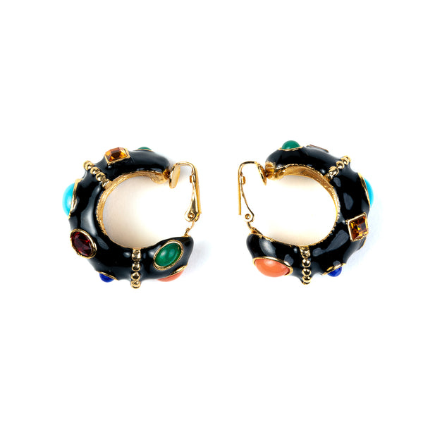 Kenneth Jay Lane Black & Multicolored Gemstone Hoop Clip Earrings