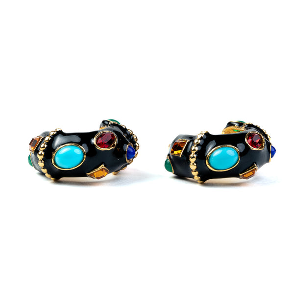 Kenneth Jay Lane Black & Multicolored Gemstone Hoop Clip Earrings