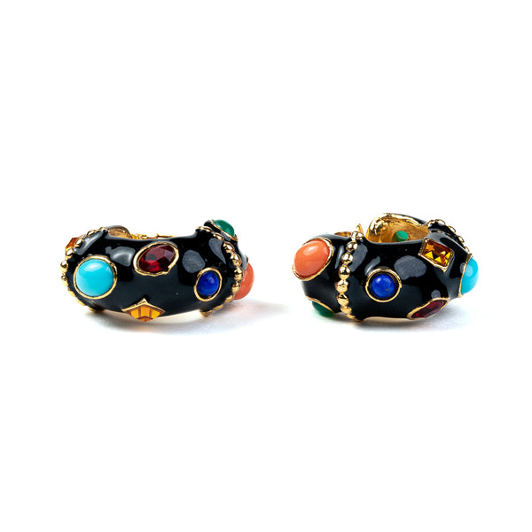 kenneth jay lane Black & Multicolored Gemstone Hoop Clip Earrings