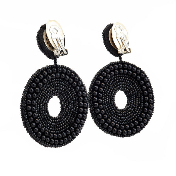 Kenneth Jay Lane Black Seed Bead Round Clip-On Earrings