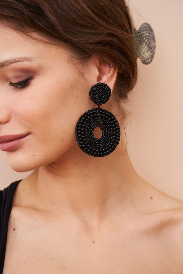 Kenneth Jay Lane Black Seed Bead Round Clip-On Earrings