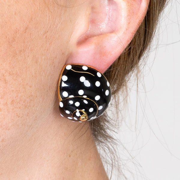 Kenneth Jay Lane Black With White Dots Shell Clip Earrings