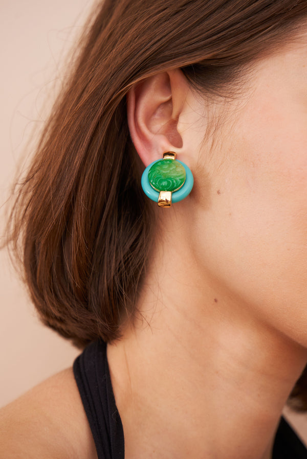 Kenneth Jay Lane Carved Jade Button Clip-On Earrings