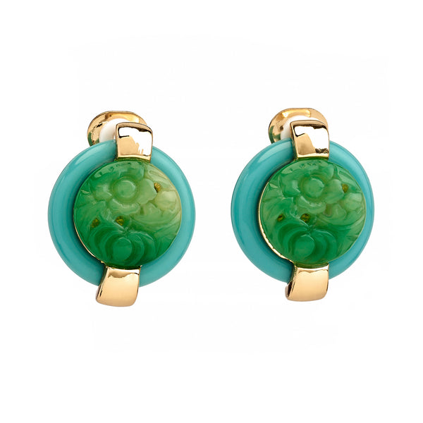 kenneth jay lane Carved Jade Button Clip-On Earrings