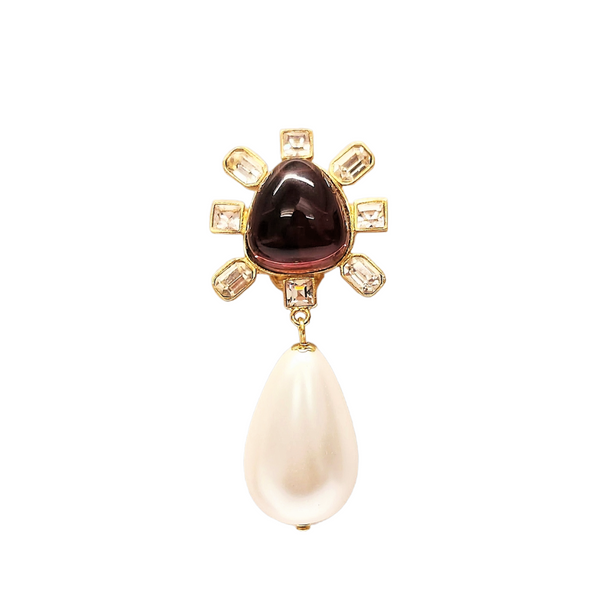 Kenneth Jay Lane Clear Crystal And Amethyst Cabochon Center Pearl Drop Clip Earring