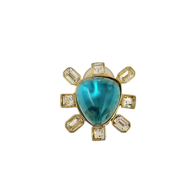 Kenneth Jay Lane Clear Crystal And Aqua Cabochon Center Clip Earring