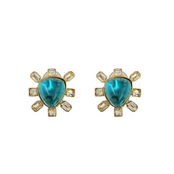 kenneth jay lane Clear Crystal and Aqua Cabochon Center Clip Earring