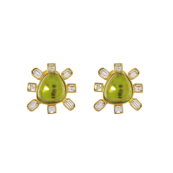 kenneth jay lane Clear Crystal and Peridot Cabochon Center Clip Earring