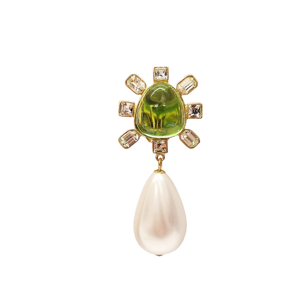 Kenneth Jay Lane Clear Crystal And Peridot Cabochon Center Pearl Drop Clip Earring