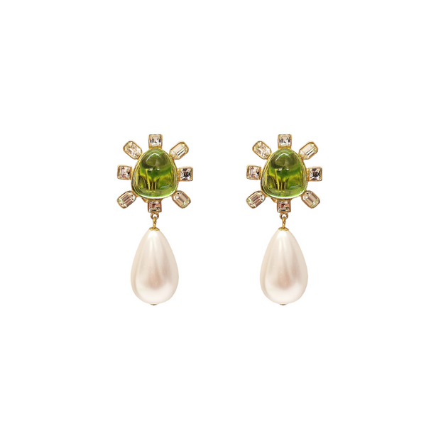 kenneth jay lane Clear Crystal and Peridot Cabochon Center Pearl Drop Clip Earring
