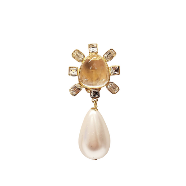 Kenneth Jay Lane Clear Crystal Cabochon Center Pearl Drop Clip Earring