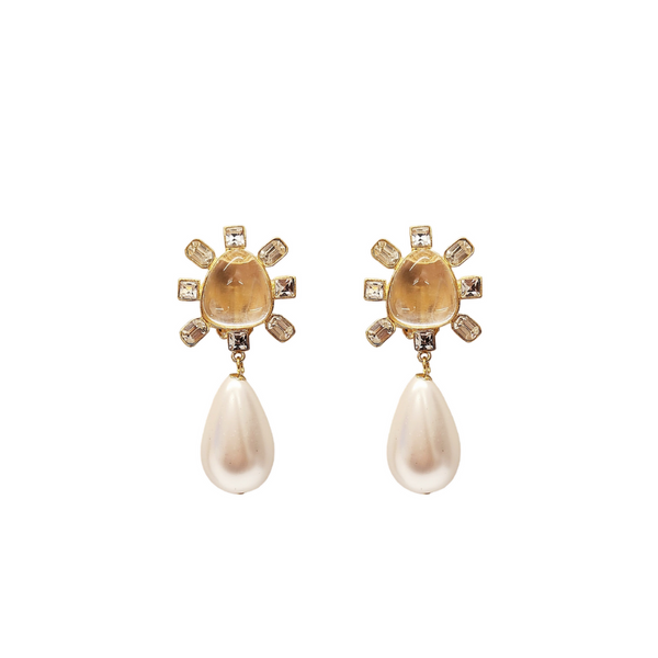 kenneth jay lane Clear Crystal Cabochon Center Pearl Drop Clip Earring