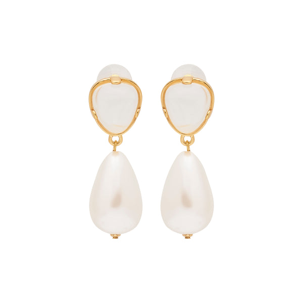 kenneth jay lane Clear & Pearl Drop Pierced Gold Earrings
