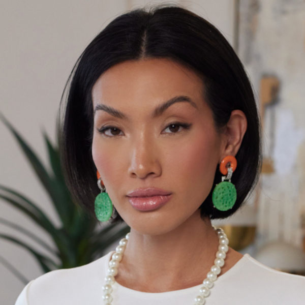 Kenneth Jay Lane Coral And Carved Jade Circle Clip Earrings