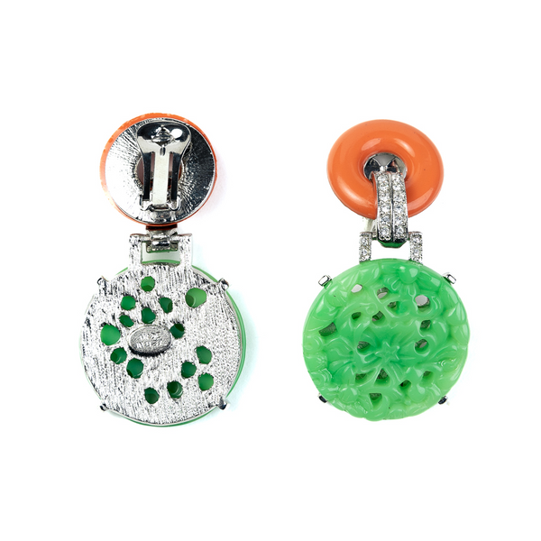 Kenneth Jay Lane Coral And Carved Jade Circle Clip Earrings