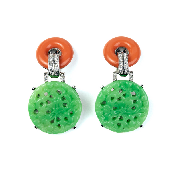 kenneth jay lane Coral and Carved Jade Circle Clip Earrings