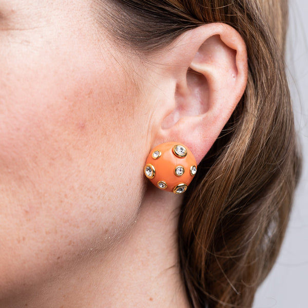 kenneth jay lane Coral and Crystal Domed Clip-On Earrings