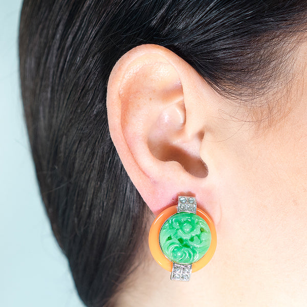 Kenneth Jay Lane Coral And Jade Art Deco Clip Earrings