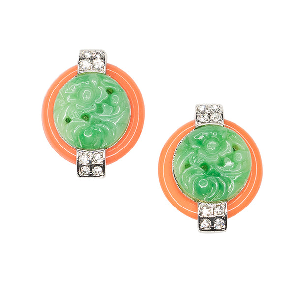 kenneth jay lane Coral And Jade Art Deco Clip Earrings