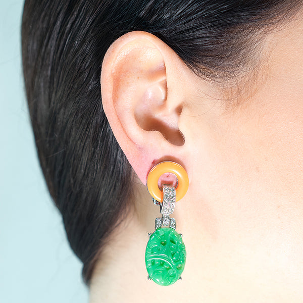 Kenneth Jay Lane Coral And Jade Art Deco Pierced Or Clip Earrings