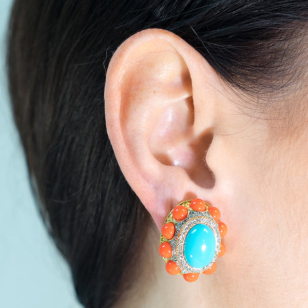 Kenneth Jay Lane Coral And Turquoise Oval Clip Earrings