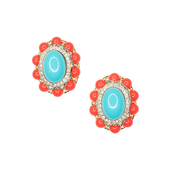 kenneth jay lane Coral and Turquoise Oval Clip Earrings