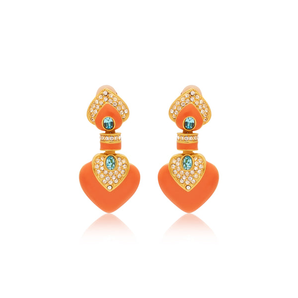 kenneth jay lane Coral & Aquamarine Heart Drop Clip Earrings