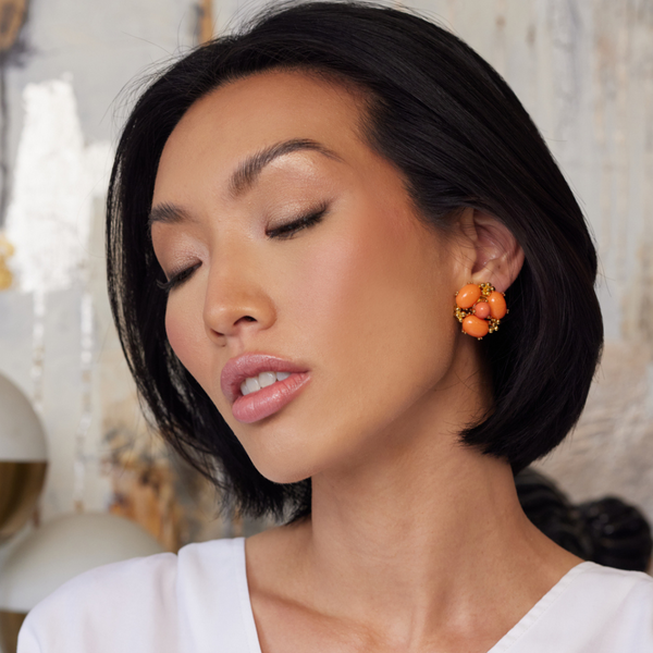 Kenneth Jay Lane Coral Cabochon Cluster Pierced Earrings